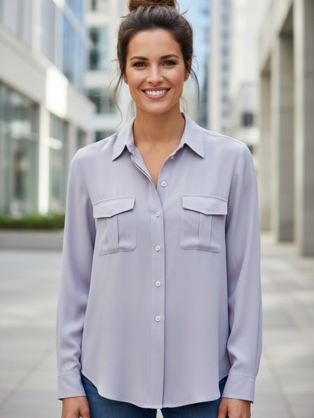 Luxuery Jones New York Silk Blouse Size 14 Gray Violet Button Front Preppy